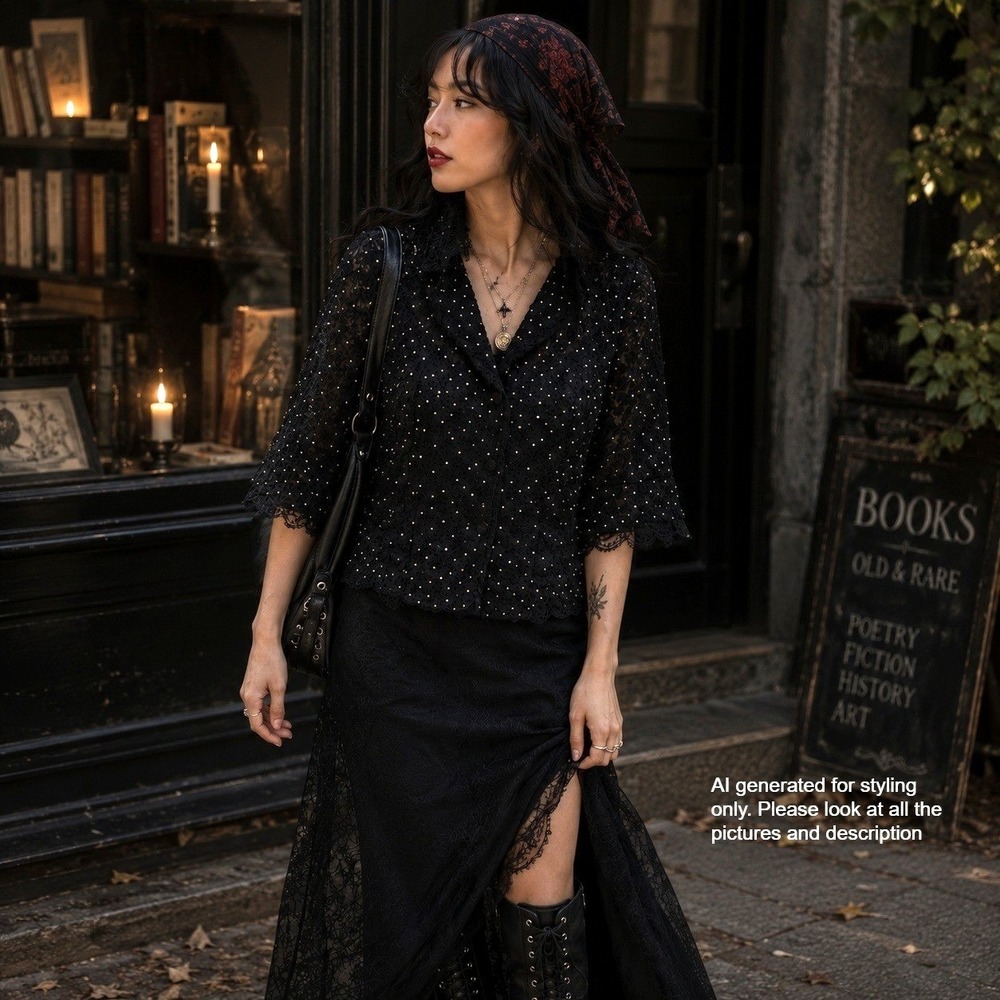 Black Lace Studded Polka Dot Ruffle Trim Button Up Whimsigoth, Witchy Vamp XS